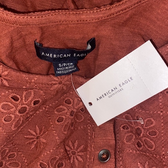 AEO Terracotta Copper Rust Embroidered Eyelet Lace Ruffle Crop Blouse Tank Top - Picture 7 of 10